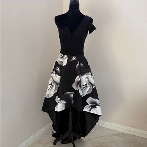 Aqua Black and White High Low Floral Dress
